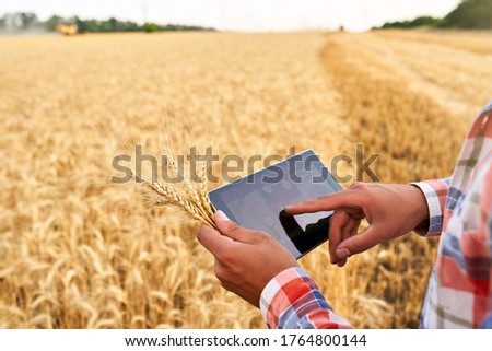 Precision farming. Farmer hands hold tablet using online data management software with maps at wheat field. Agronomist working with touch computer screen to control and analyse agriculture business. Royalty-Free Stock Photo #1764800144
