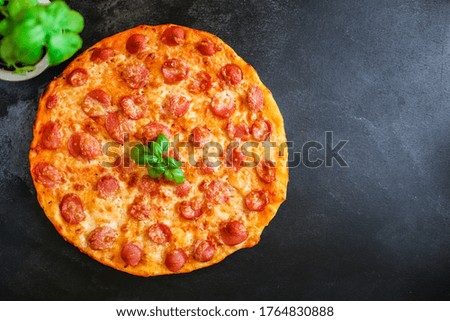pizza salami sausages cheese fast food Takeaway Menu concept serving size. food background top view copy space for text organic healthy eating