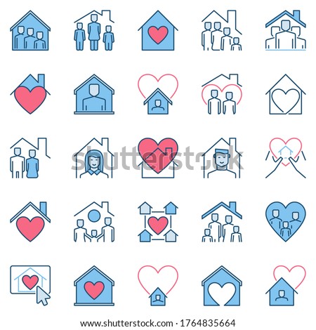 Stay at Home modern icons. People and Heart under House Roof concept sigs or logo elements