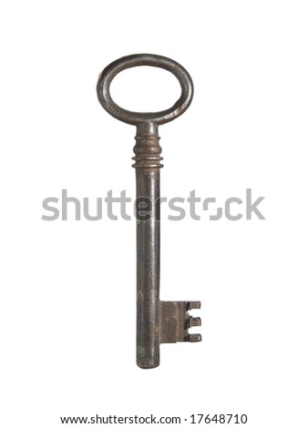 A rusted old fashion key over a white background.