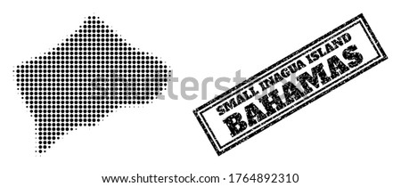 Halftone map of Small Inagua Island, and rubber seal stamp. Halftone map of Small Inagua Island generated with small black round elements. Vector seal with distress style, double framed rectangle,