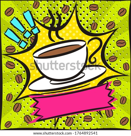 Bright picture on the theme of coffee in the style of pop art. Template for a poster or banner. Square web banner for social media post template. Vector illustration, vintage design.