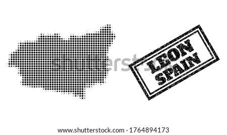 Halftone map of Leon Province, and grunge watermark. Halftone map of Leon Province made with small black round elements. Vector watermark with grunge style, double framed rectangle, in black color.
