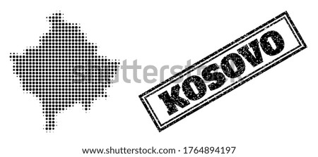Halftone map of Kosovo, and rubber seal stamp. Halftone map of Kosovo generated with small black circle items. Vector seal with corroded style, double framed rectangle, in black color.
