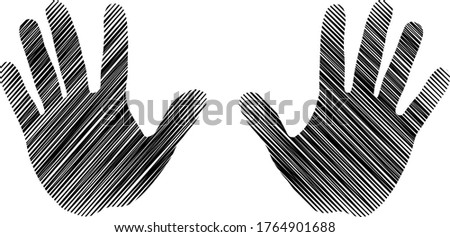 Left and right palms in sketch style on a white background. The prints of both hands. Easily scalable vector illustration, isolated.