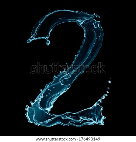Number 2 of water splashes isolated on black background