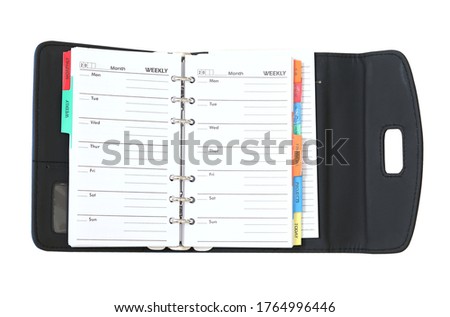 closeup image of planner on white background and business concept