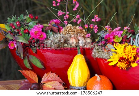 Autumn decoration on garden table