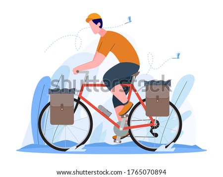 man riding a touring bike, man touring with bicycle, explore the world with bicycle, illustration concept, vector flat style
