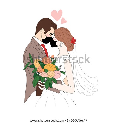 Corona virus pandemic wedding illustration, two couple kissing with mask 