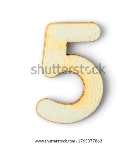 Wooden numeric 5 with drop shadow on white background