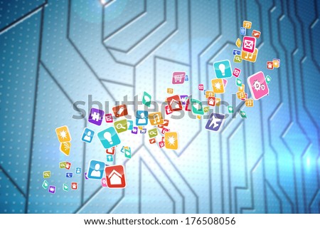 Colourful computer applications against circuit board on futuristic background