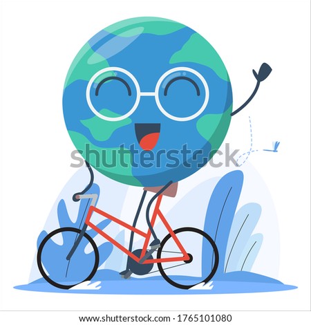 happy globe riding a bicycle. world bicycle day, green environment concept, vector flat illustration.