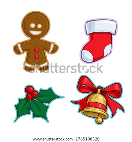 Vector Cartoon Icon set of a Gingerbread Man, a red Stocking, a Holly Mistletoe and a Gold Glitter Christmas Bell. Illustrations Lines, Color, Shadows and Lights neatly in well-defined layers & groups