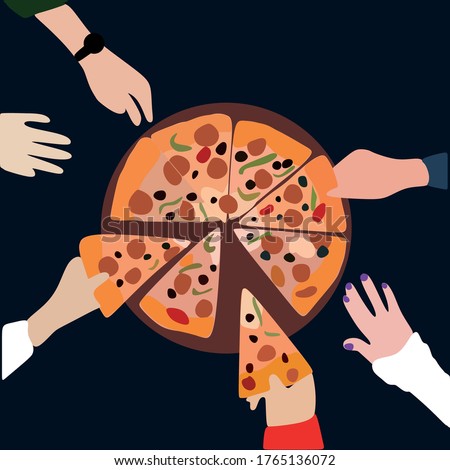 6 hands reach for a slice of pizza.Fresh pizza with tomatoes, cheese, olives,sausage, onions, Basil. Traditional 