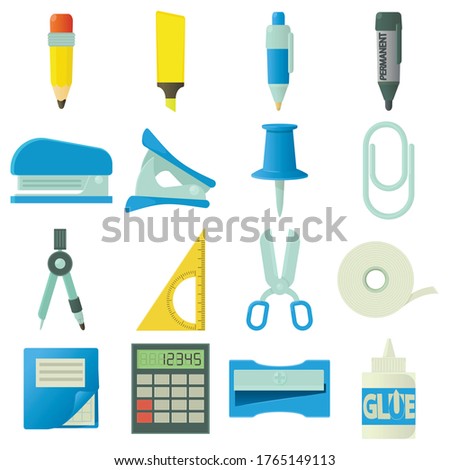 Stationery icons set. Cartoon illustration of 16 stationery vector icons for web