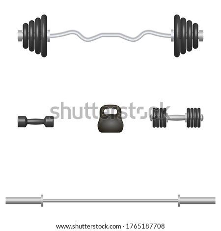 Set of 3D sports equipment items. Elements design for gym and fitness room. Front view, 3D illustration.