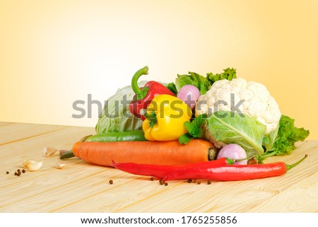 Set of Vegetables on wooden table. 