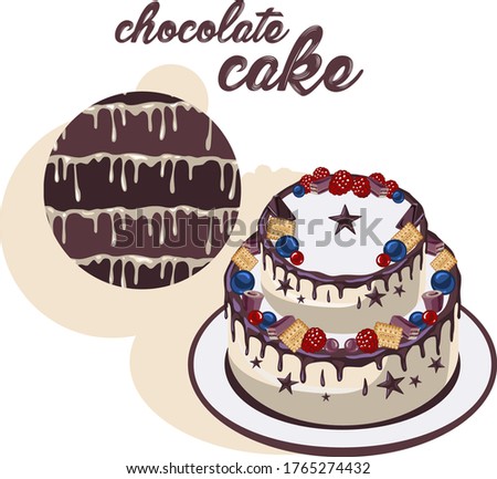 Сhocolate cake with a filling image. Composition, sweet design. Vector