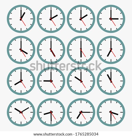 Set of round clocks showing various time. World clock, time zone. Vector illustration.