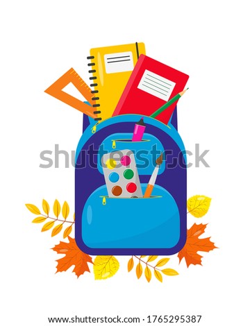 School backpack with supplies. Vector illustration on white background. Back to school autumn concept. Educational or office equipment.