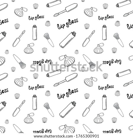 Cosmetics and makeup seamless pattern in line art doodle style. Black and white pattern with women cosmetics in doodle style. Perfume Lip gloss, Seashell, Bone powder. Design for textiles, 