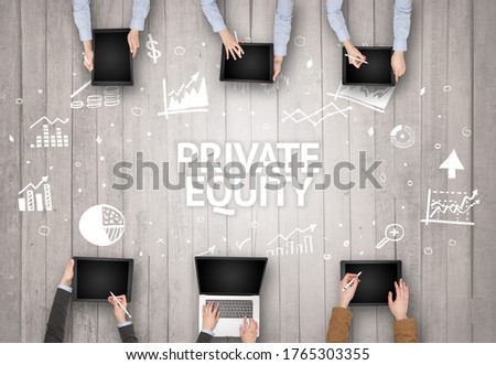 Group of Busy People Working in an Office with PRIVATE EQUITY inscription, succesfull business concept Royalty-Free Stock Photo #1765303355