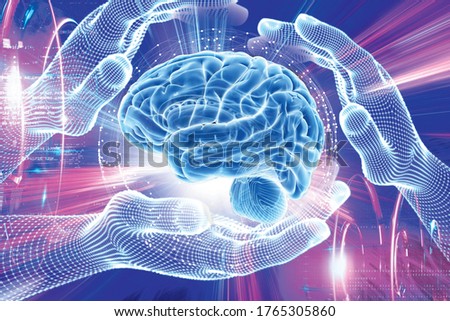 3d illustration. 3d rendering. Three hands touch the brain. On the light background.