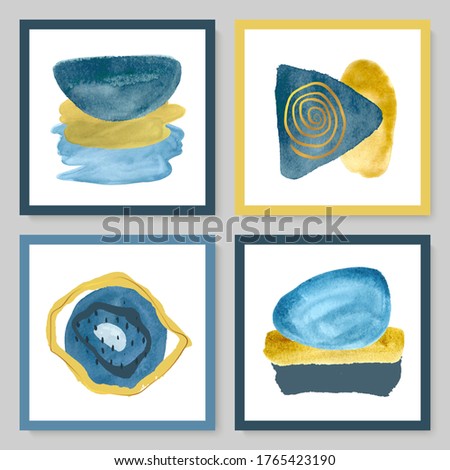 Set of abstract illustrations with watercolor texture and gold strokes.Minimalistic design,hand-drawn creative elements.Backgrounds for decorating walls, covers,postcards, brochures