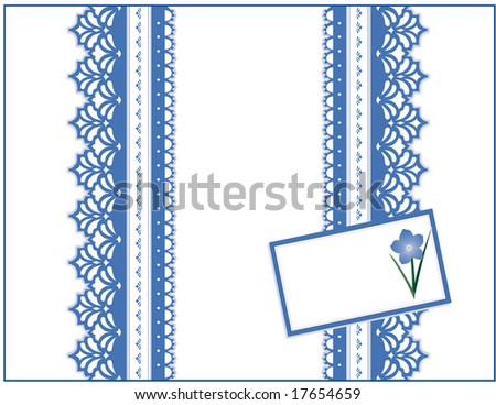 Lace Vintage Victorian style present, antique blue lace ribbon, gift card with Forget Me Not flower, copy space for Mother's Day, birthdays, anniversaries, showers, weddings.