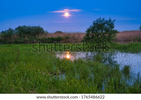 Blue lake landscape at night with full moon on blue dark sky
