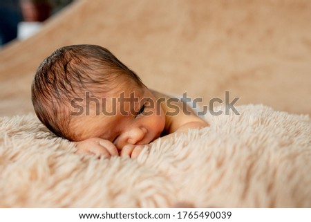 Newborn baby sleeping, resting on her own hands and elbows, on brown background.
