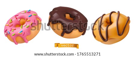Donuts with pink icing and chocolate. 3d vector realistic objects. Food icon set Royalty-Free Stock Photo #1765513271