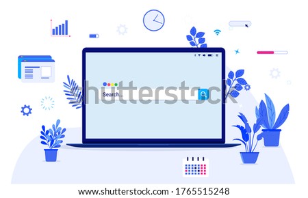 Searching the internet - Laptop computer with search engine on screen, with graphs, loading bar, clock, calendar and other information elements. Vector illustration. Royalty-Free Stock Photo #1765515248