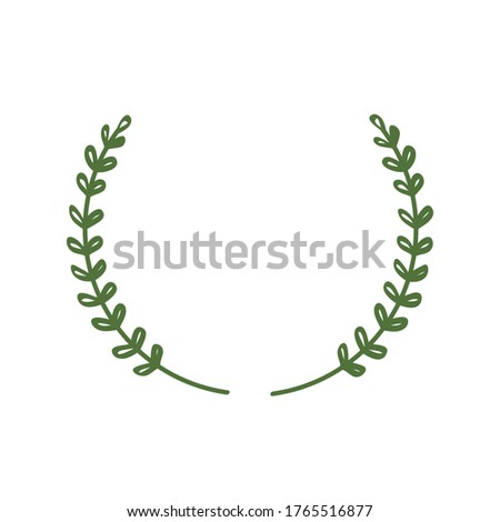 Laurel wreath of two green twigs pointing up. Laconic stylish frame, minimal style. A border of branches and leaves. Vector illustration. 
Open circle laurel wreath. Copy space. 
