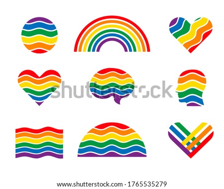 Set of abstract vector logo, icons, signs, symbols: rainbow, human head profile, brain, speech, message, heart, circle. Trending unique colorful logo design. Illustration, identity for business.