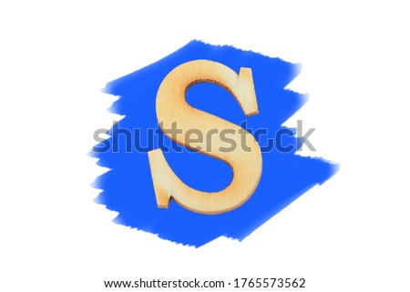 Alphabet letter wooden font on painted blue color isolated on white background. English flat wood character S.
