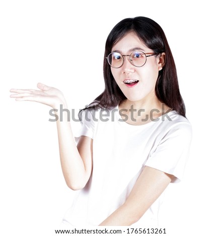 young woman in hand gesture on white background