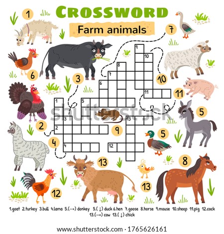 Farm animals crossword. For preschool kids activity worksheet. Children crossing word search puzzle game