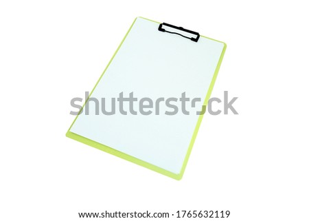 Isolated of a green clip board and blank paper. Top view on white background.