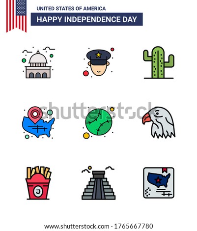 9 USA Flat Filled Line Pack of Independence Day Signs and Symbols of american; wisconsin; cactus; usa; map Editable USA Day Vector Design Elements