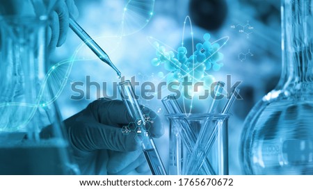 Scientists are experimenting and research with molecule model, DNA, Science background with molecules and atoms in the laboratory, Medical science and biotechnology, 3D render. Royalty-Free Stock Photo #1765670672