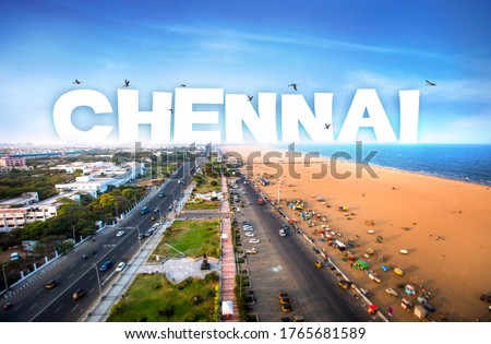 chennai text on Marina Beach, marina beach chennai city tamil nadu india bay of bengal madras view from light house Royalty-Free Stock Photo #1765681589