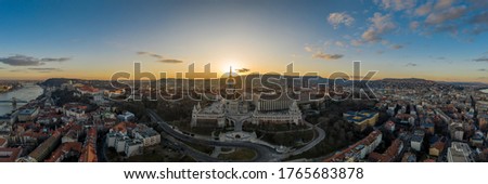 Aerial panorama drone shot of Fisherman's Bastion on Buda Hill in Budapest sunset