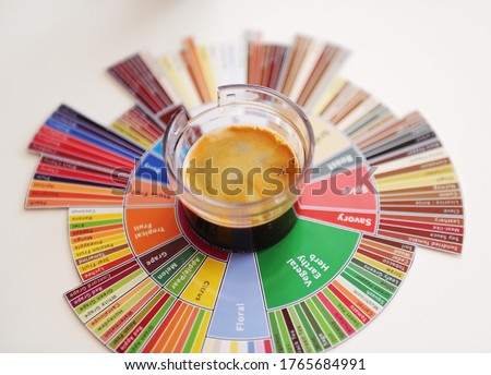 Espresso coffee shot on taster's flavor wheel. Top view. White background Royalty-Free Stock Photo #1765684991