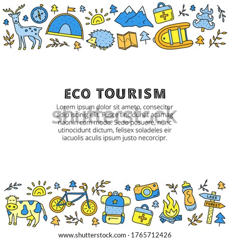 Poster with lettering and doodle colored eco tourism icons including deer, camera, bicycle, sun, backpack, first aid kit, mountains, tent, cow, hedgehog, compass, boat isolated on white background.
