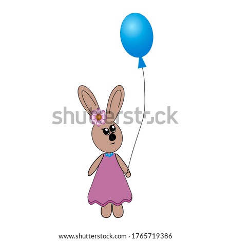 Abstract hare character in a dress and beads holding a balloon, isolated illustration, suitable for decorating children's books or postcards