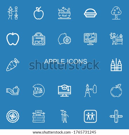 Editable 22 apple icons for web and mobile. Set of apple included icons line Gardener, Apple, Fruit, Pie, Fruit tree, Gym, Kiwi, Lifestyle, Vegetables, Vinegar on blue background