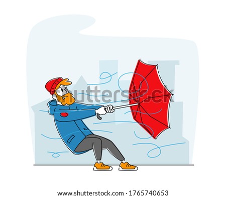 Man in Warm Clothes Holding Broken Umbrella Protecting from Hurricane. Male Character Fighting with Thunderstorm, Windy Cold Autumn Weather, Extremely Strong Blowing Wind. Linear Vector Illustration Royalty-Free Stock Photo #1765740653