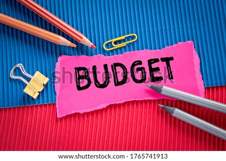 BUDGET. Finance, economics, planning and markets concept. Text on torn, colored paper on corrugated background 